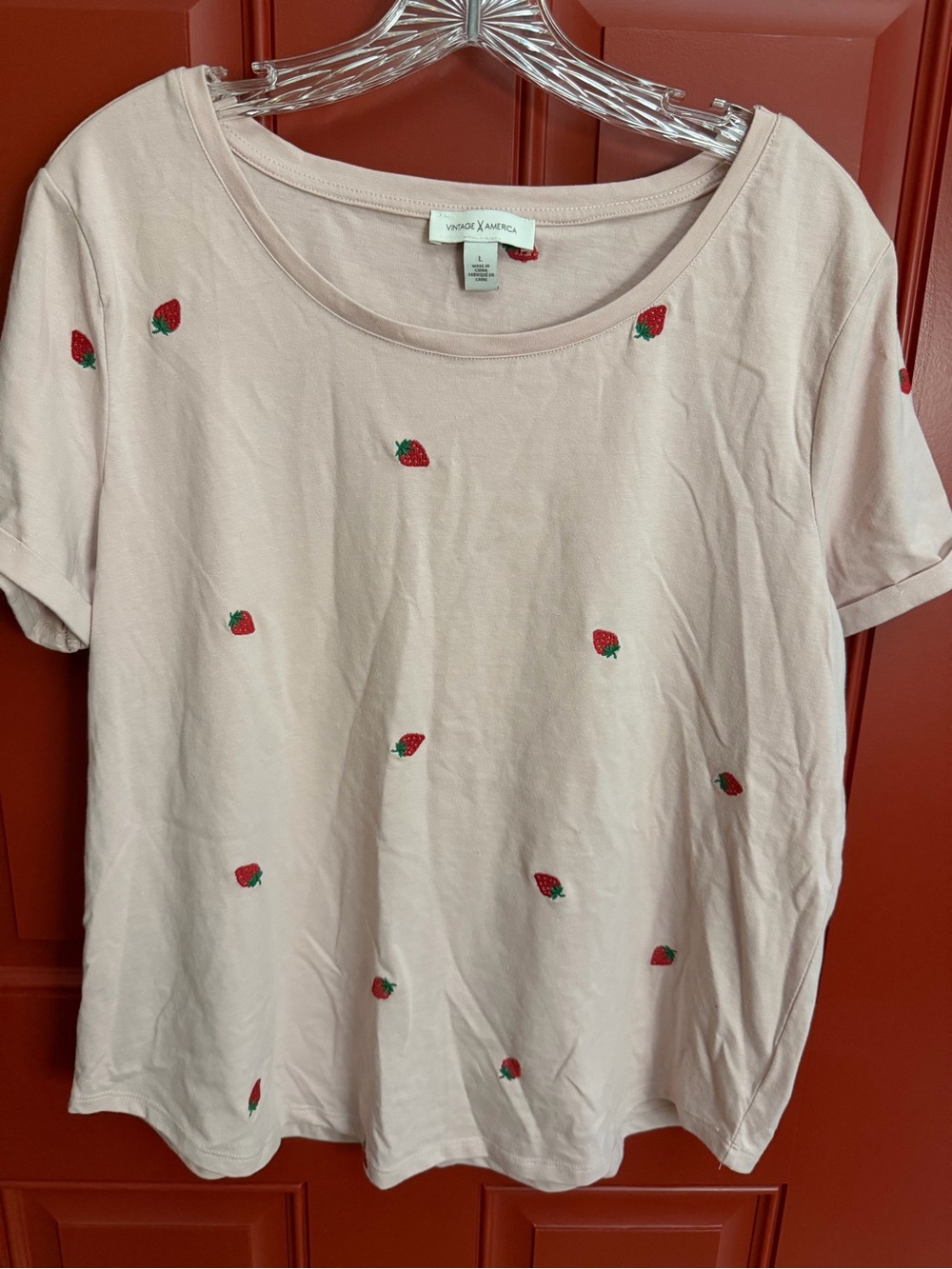 Pink Strawberry Embroidered Tee size L